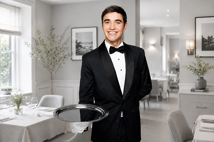 Maître d'hôtel en smoking souriant tenant un plateau dans une salle de restaurant
