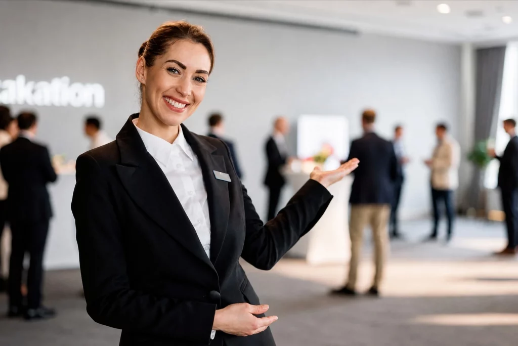 Hôtesse d'accueil souriante accueillant les invités d'un événement professionnel