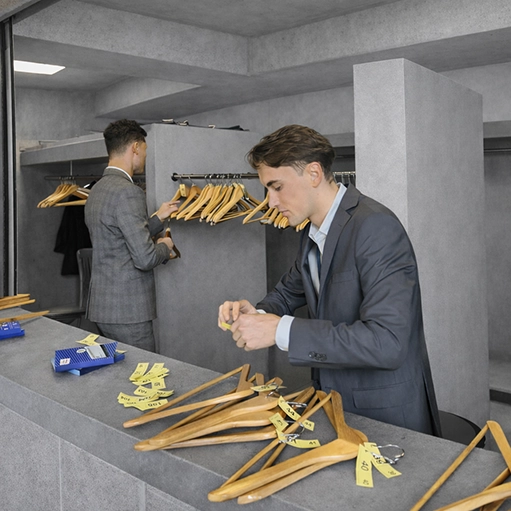Hôte de vestiaire préparant des cintres numérotés au comptoir d'un vestiaire