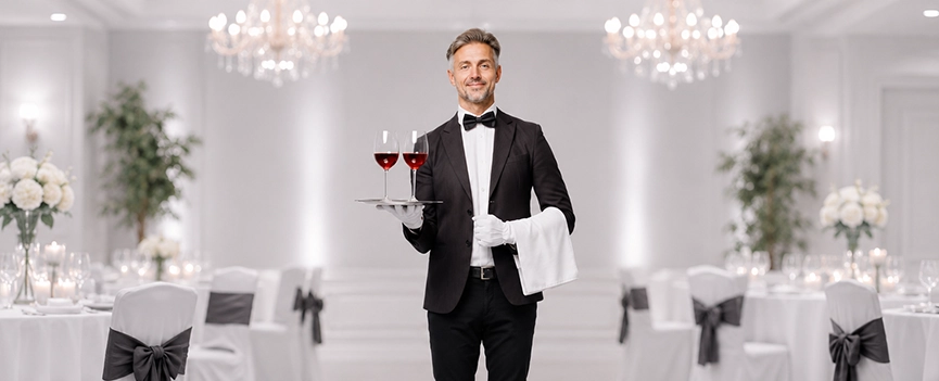 Maître d'hôtel en smoking tenant un plateau de verres de vin dans une salle de réception