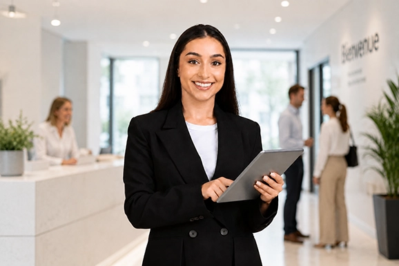 Hôtesse d'accueil en entreprise avec tablette dans un hall lumineux